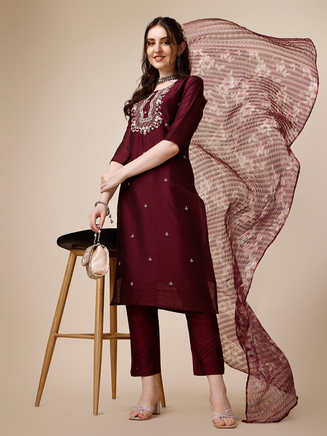 Embroidered Kurta With Pant And Dupatta Set, Multicolor - Hiral Fashion