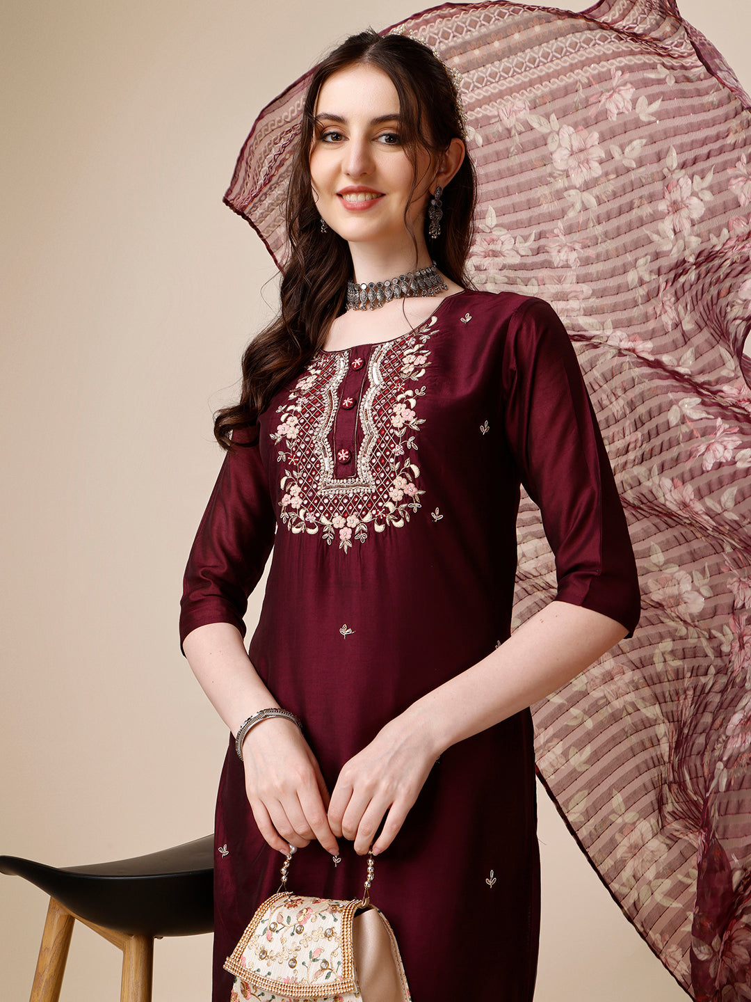 Embroidered Kurta With Pant And Dupatta Set, Multicolor - Hiral Fashion