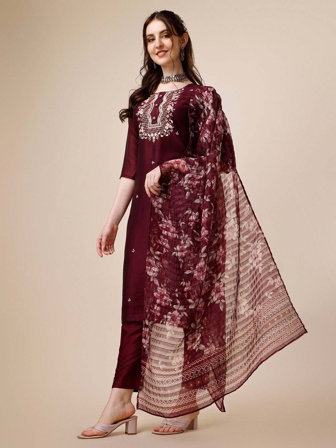 Embroidered Kurta With Pant And Dupatta Set, Multicolor - Hiral Fashion