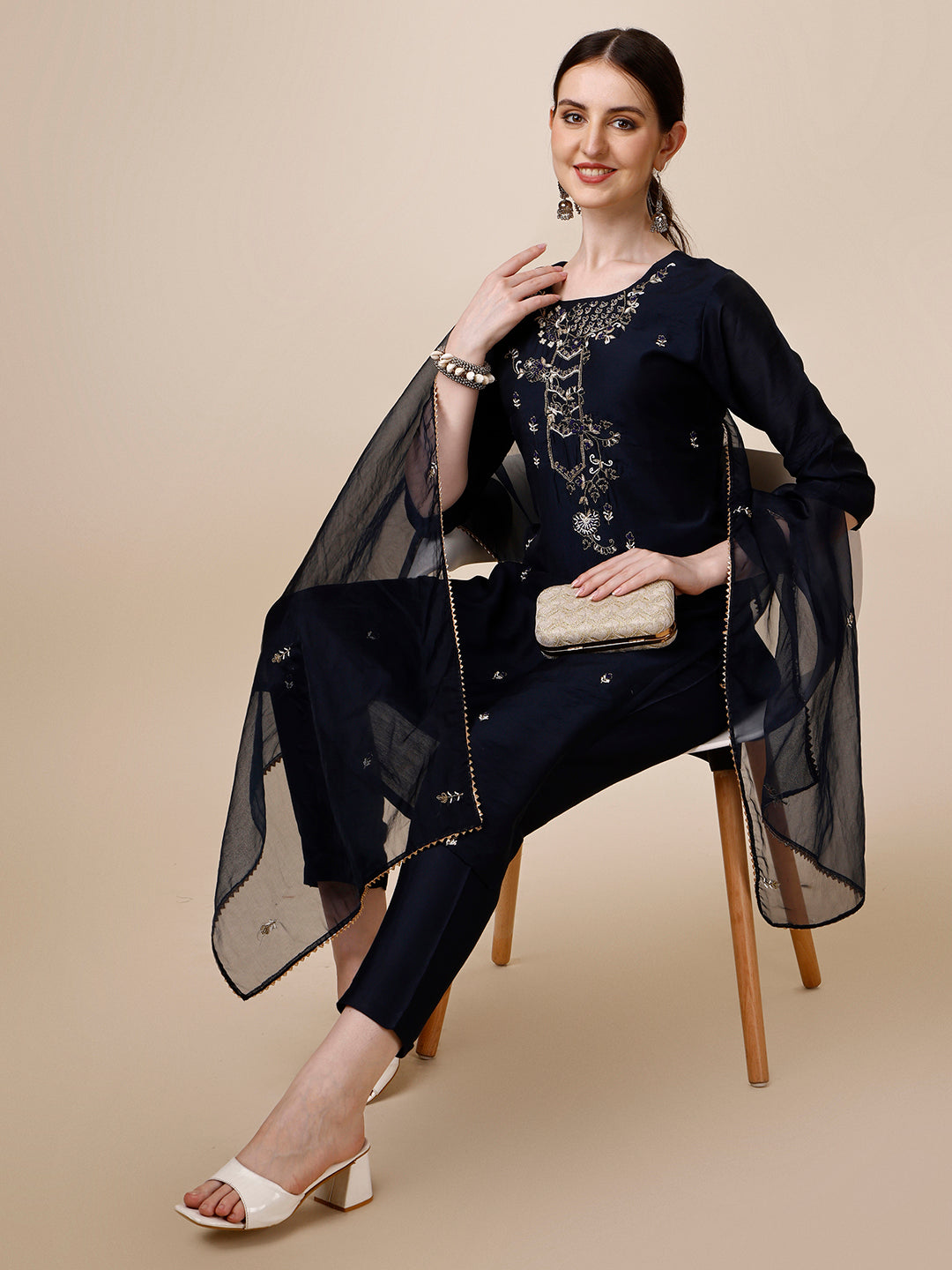 Hand Embroidered Kurta With Pant And Dupatta Set, Multicolor - Hiral Fashion