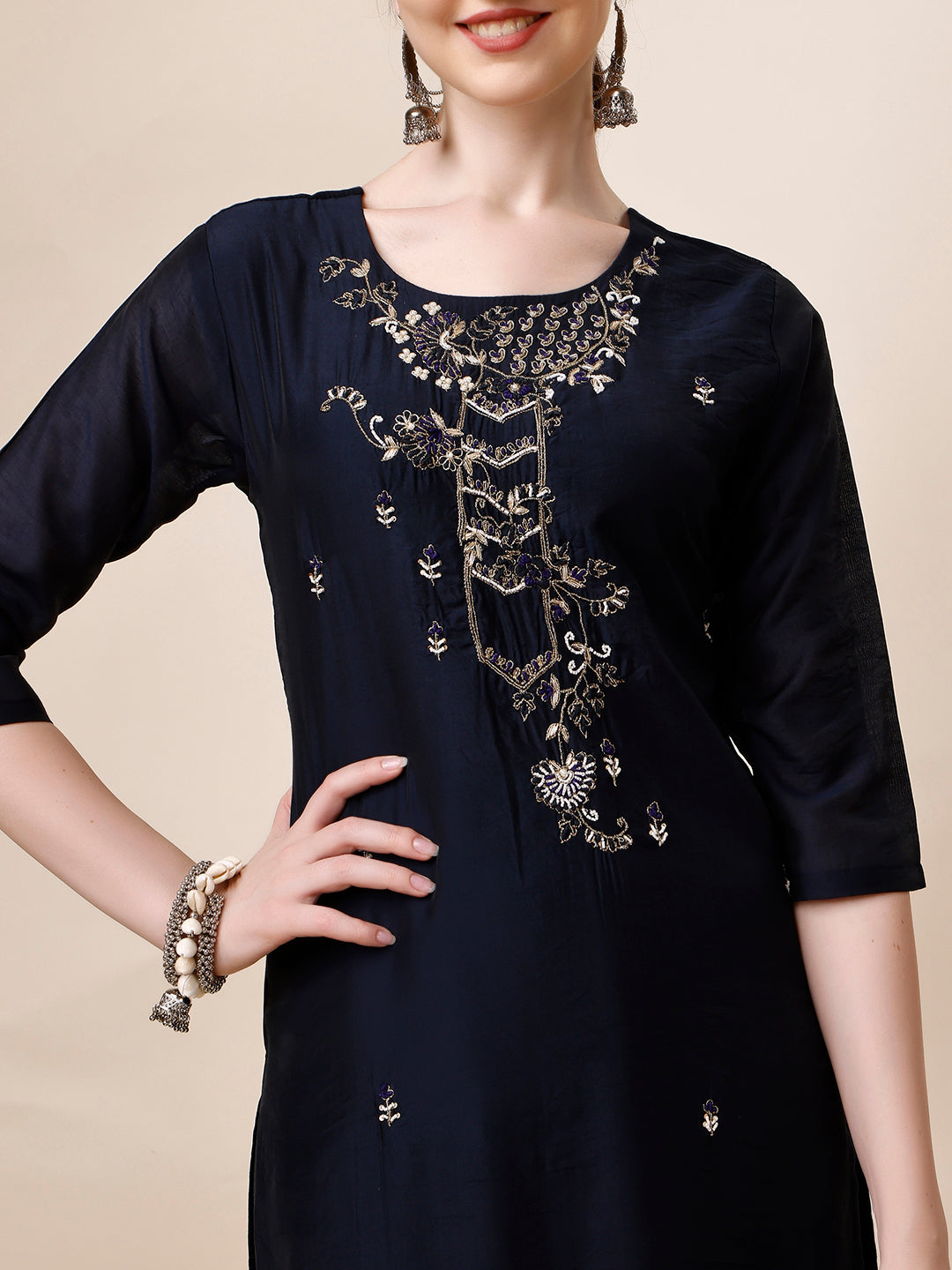 Hand Embroidered Kurta With Pant And Dupatta Set, Multicolor - Hiral Fashion