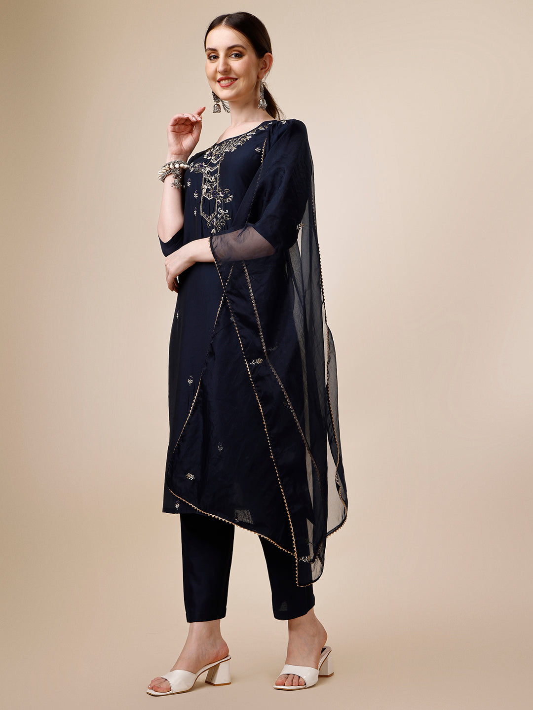 Hand Embroidered Kurta With Pant And Dupatta Set, Multicolor - Hiral Fashion