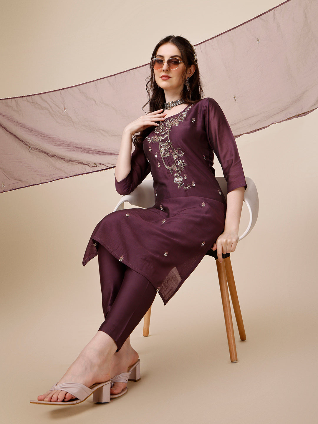Embroidered Kurta With Pant And Dupatta Set, Multicolor - Hiral Fashion