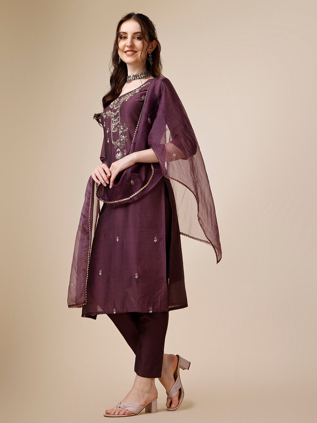 Embroidered Kurta With Pant And Dupatta Set, Multicolor - Hiral Fashion