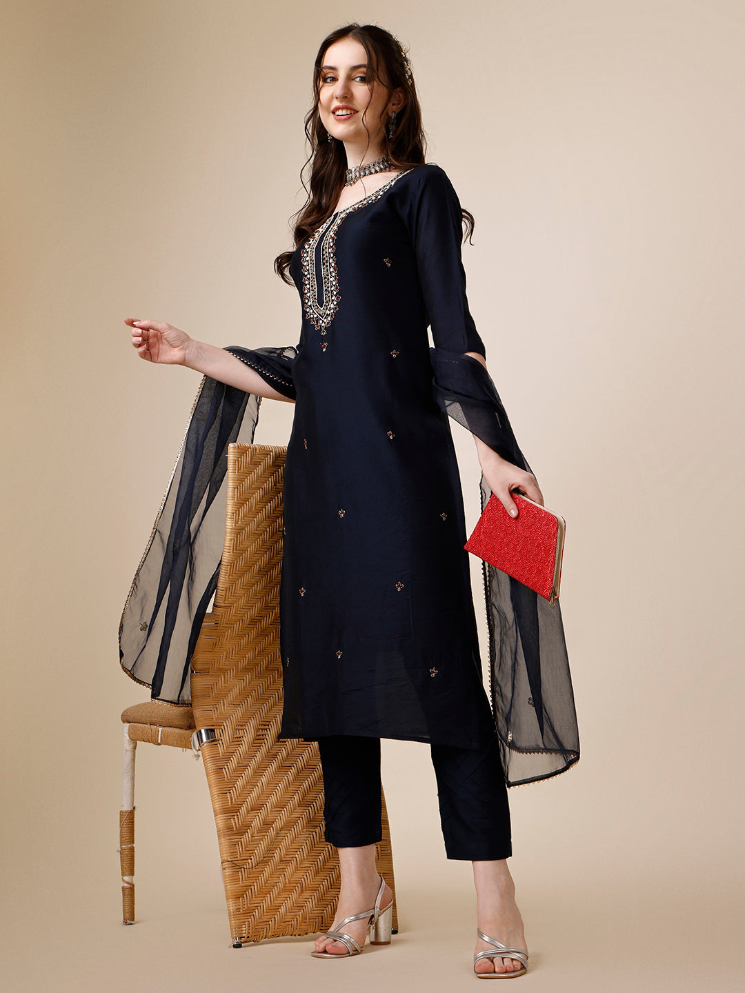 Embroidered Kurta With Pant And Dupatta Set, Multicolor - Hiral Fashion