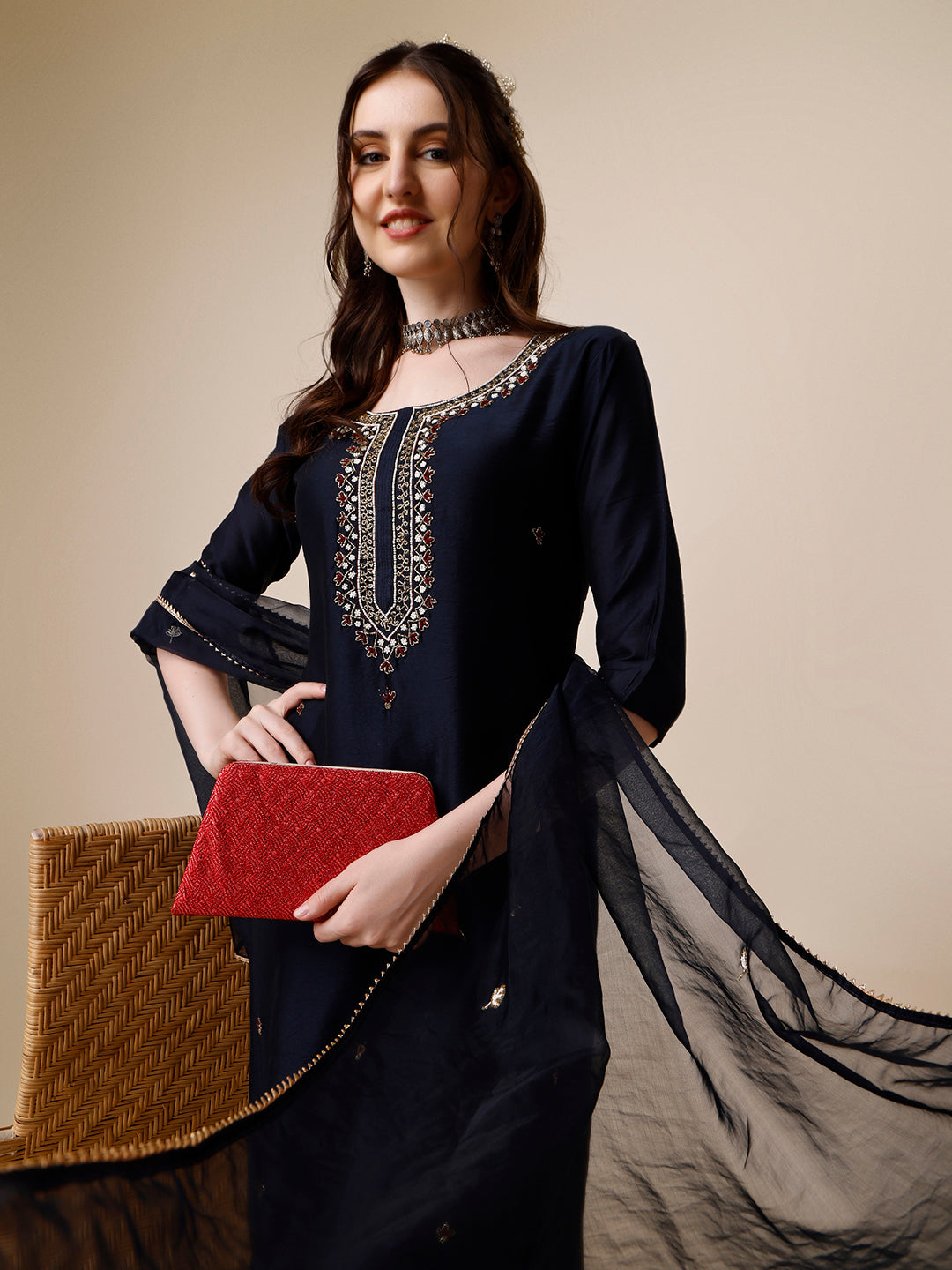 Embroidered Kurta With Pant And Dupatta Set, Multicolor - Hiral Fashion