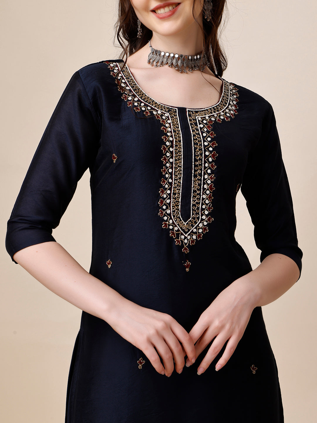 Embroidered Kurta With Pant And Dupatta Set, Multicolor - Hiral Fashion