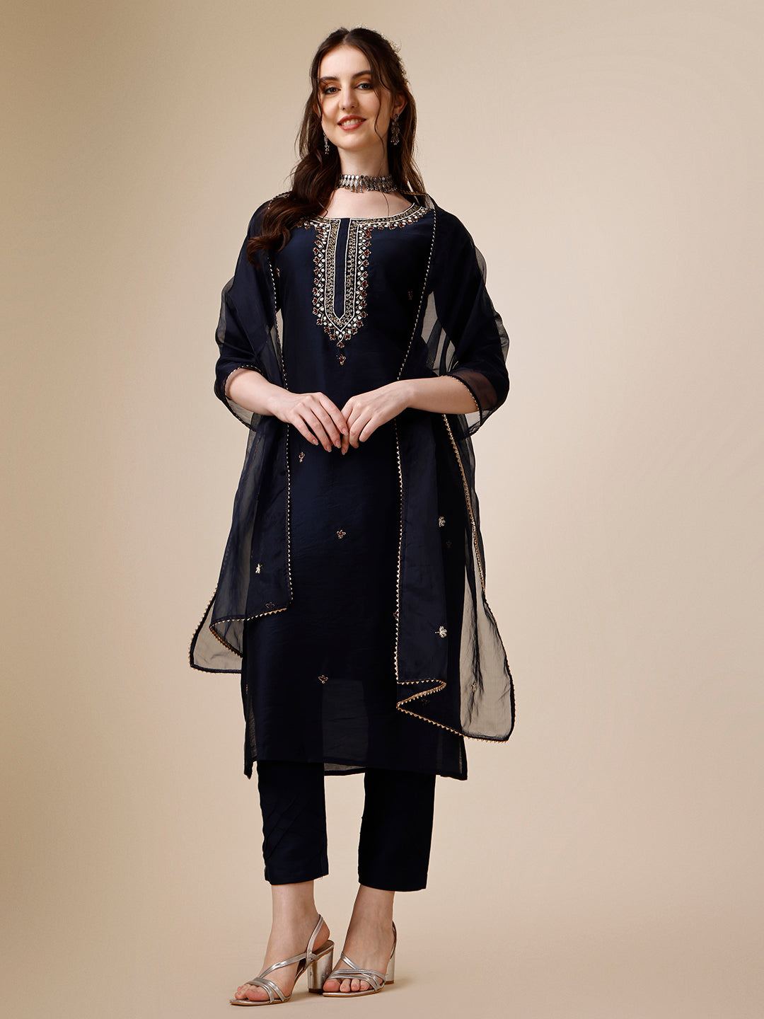 Embroidered Kurta With Pant And Dupatta Set, Multicolor - Hiral Fashion