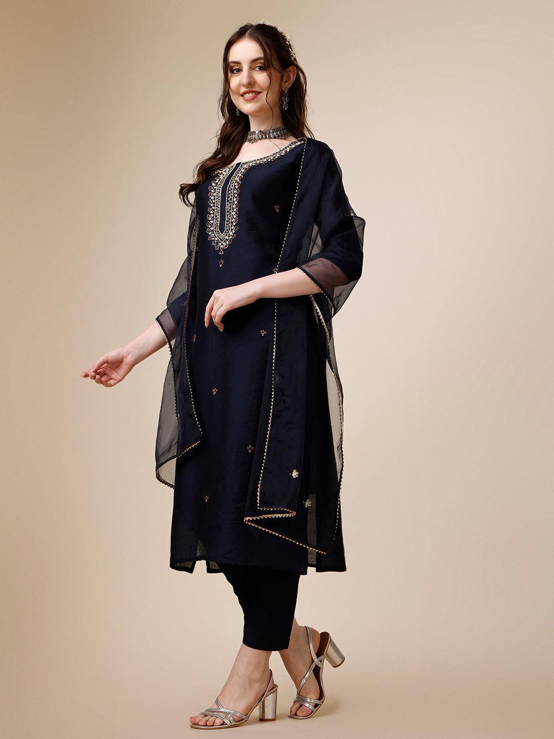 Embroidered Kurta With Pant And Dupatta Set, Multicolor - Hiral Fashion