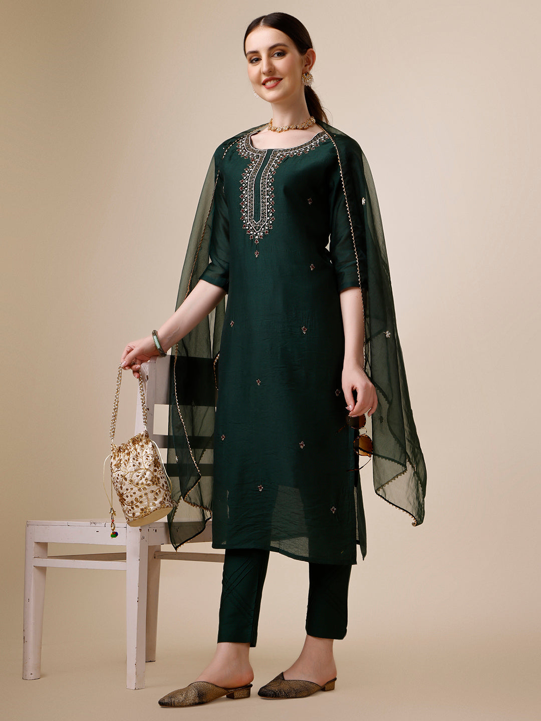 Embroidered Kurta With Pant And Dupatta Set, Multicolor - Hiral Fashion