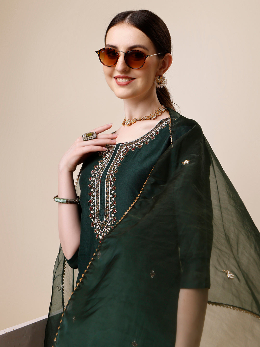 Embroidered Kurta With Pant And Dupatta Set, Multicolor - Hiral Fashion