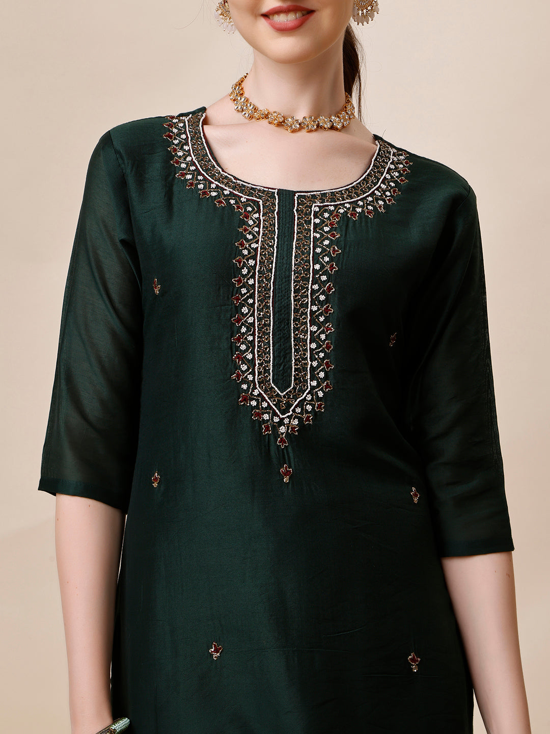 Embroidered Kurta With Pant And Dupatta Set, Multicolor - Hiral Fashion