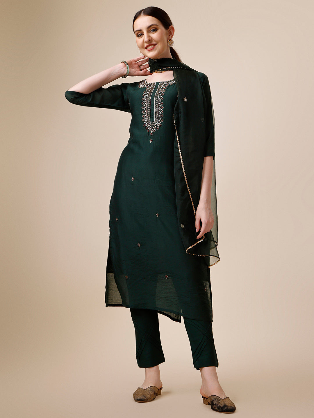 Embroidered Kurta With Pant And Dupatta Set, Multicolor - Hiral Fashion
