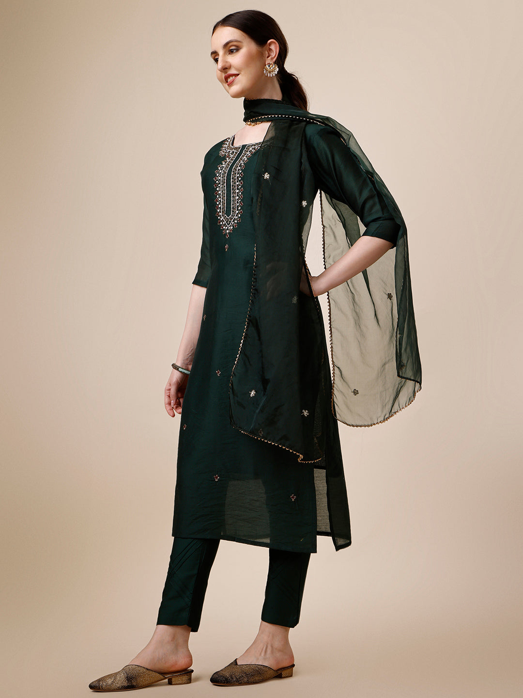 Embroidered Kurta With Pant And Dupatta Set, Multicolor - Hiral Fashion