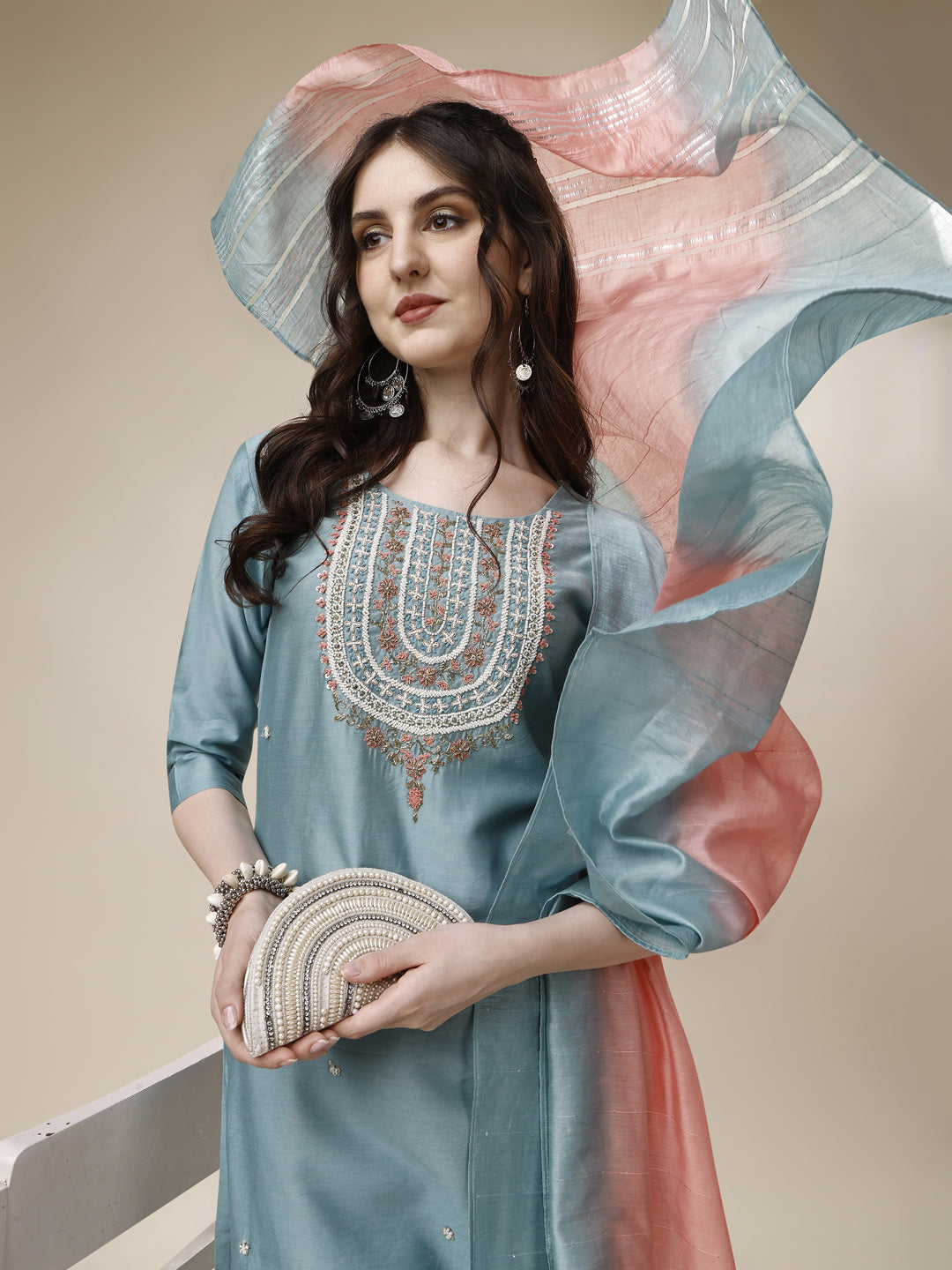Embroidered Kurta With Pant And Dupatta Set, Multicolor - Hiral Fashion