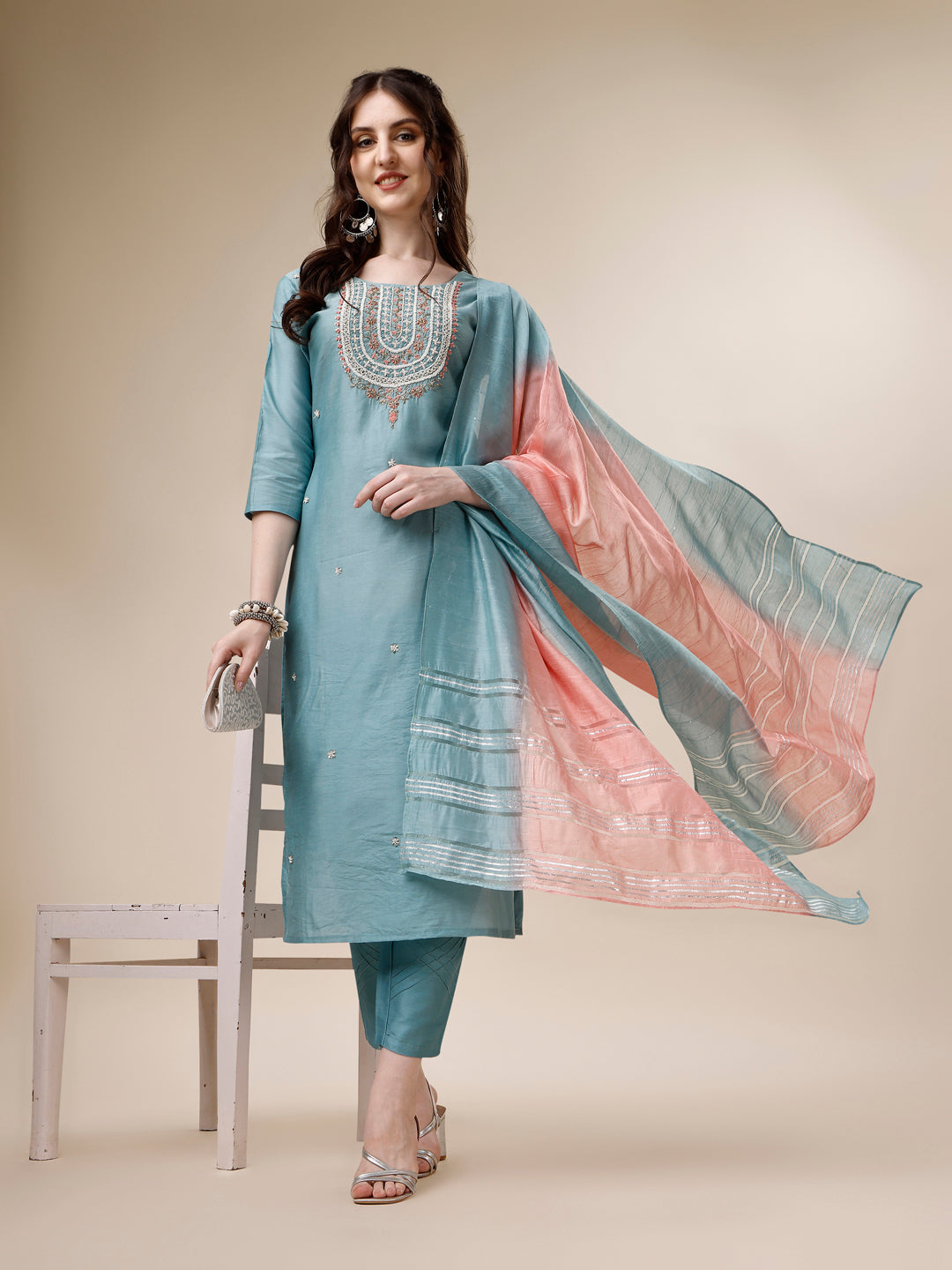 Embroidered Kurta With Pant And Dupatta Set, Multicolor - Hiral Fashion