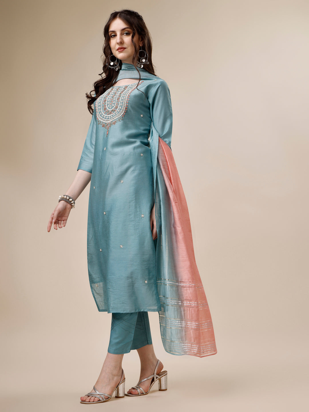 Embroidered Kurta With Pant And Dupatta Set, Multicolor - Hiral Fashion