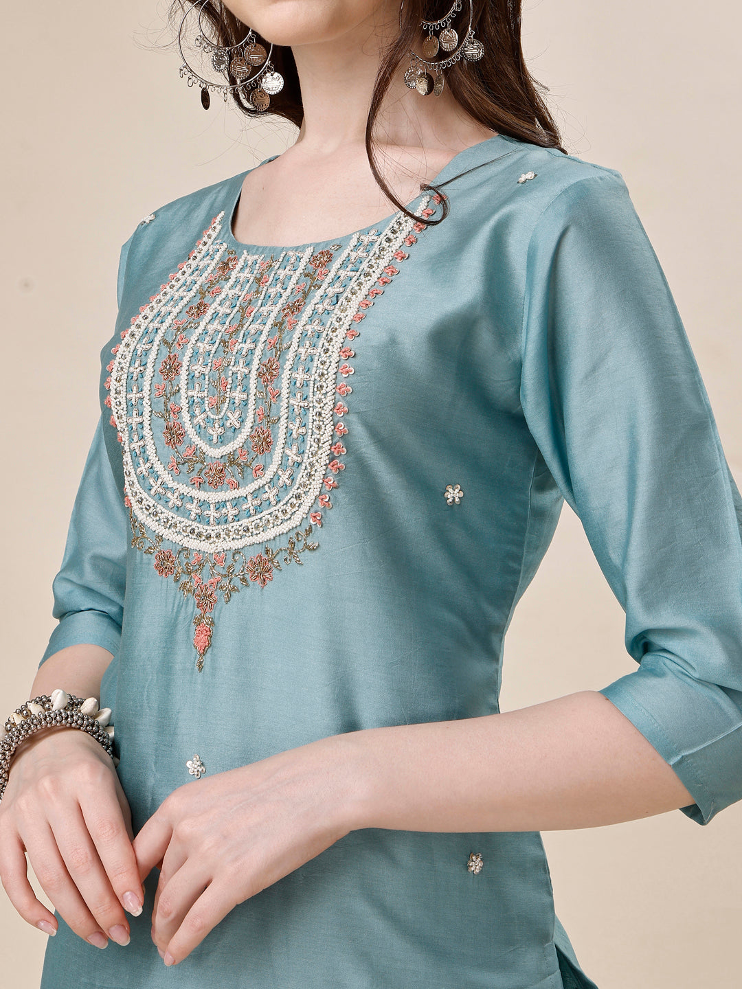Embroidered Kurta With Pant And Dupatta Set, Multicolor - Hiral Fashion