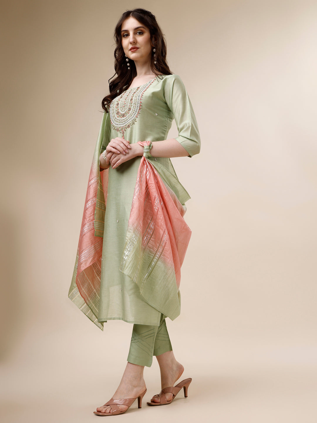 Embroidered Kurta With Pant And Dupatta Set, Multicolor - Hiral Fashion