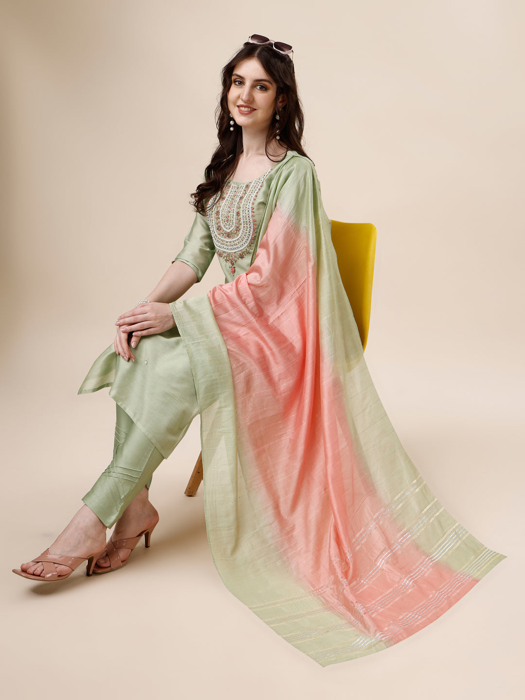 Embroidered Kurta With Pant And Dupatta Set, Multicolor - Hiral Fashion