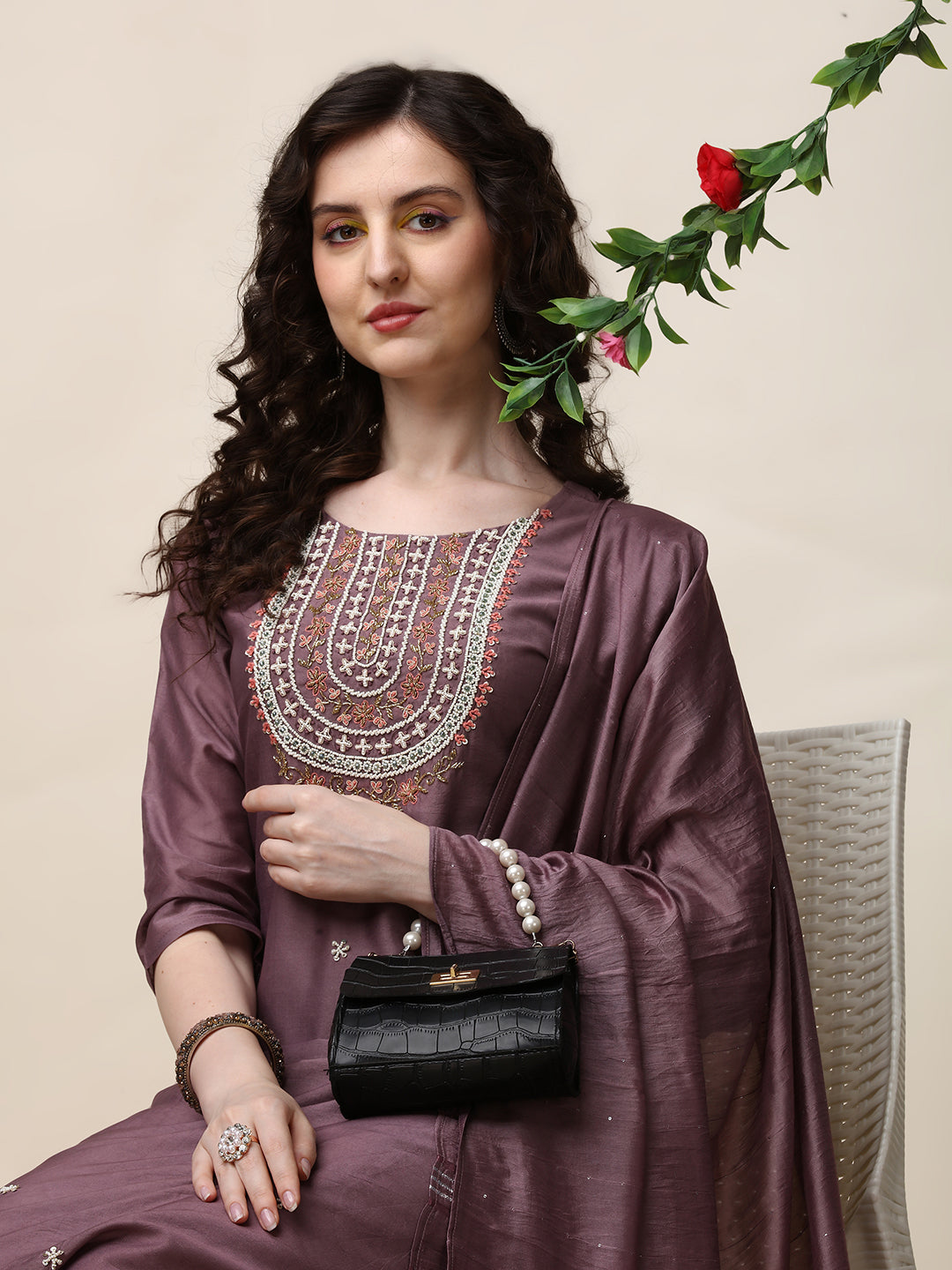 Embroidered Lavender Kurta With Pant And Dupatta Set, Multicolor - Hiral Fashion