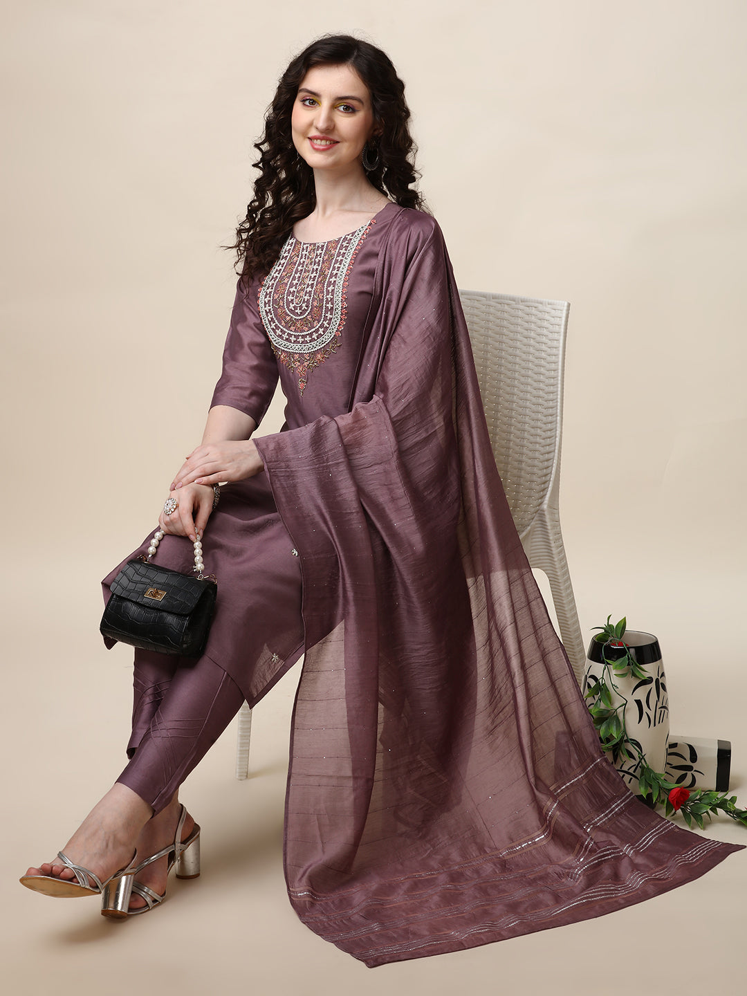 Embroidered Lavender Kurta With Pant And Dupatta Set, Multicolor - Hiral Fashion
