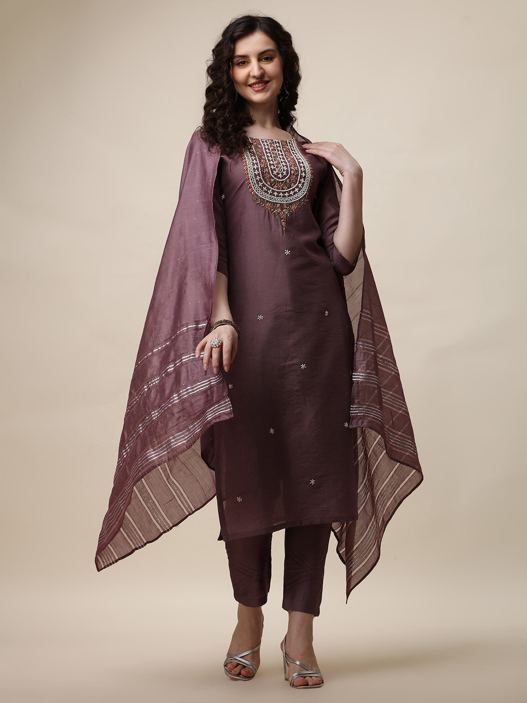 Embroidered Lavender Kurta With Pant And Dupatta Set, Multicolor - Hiral Fashion