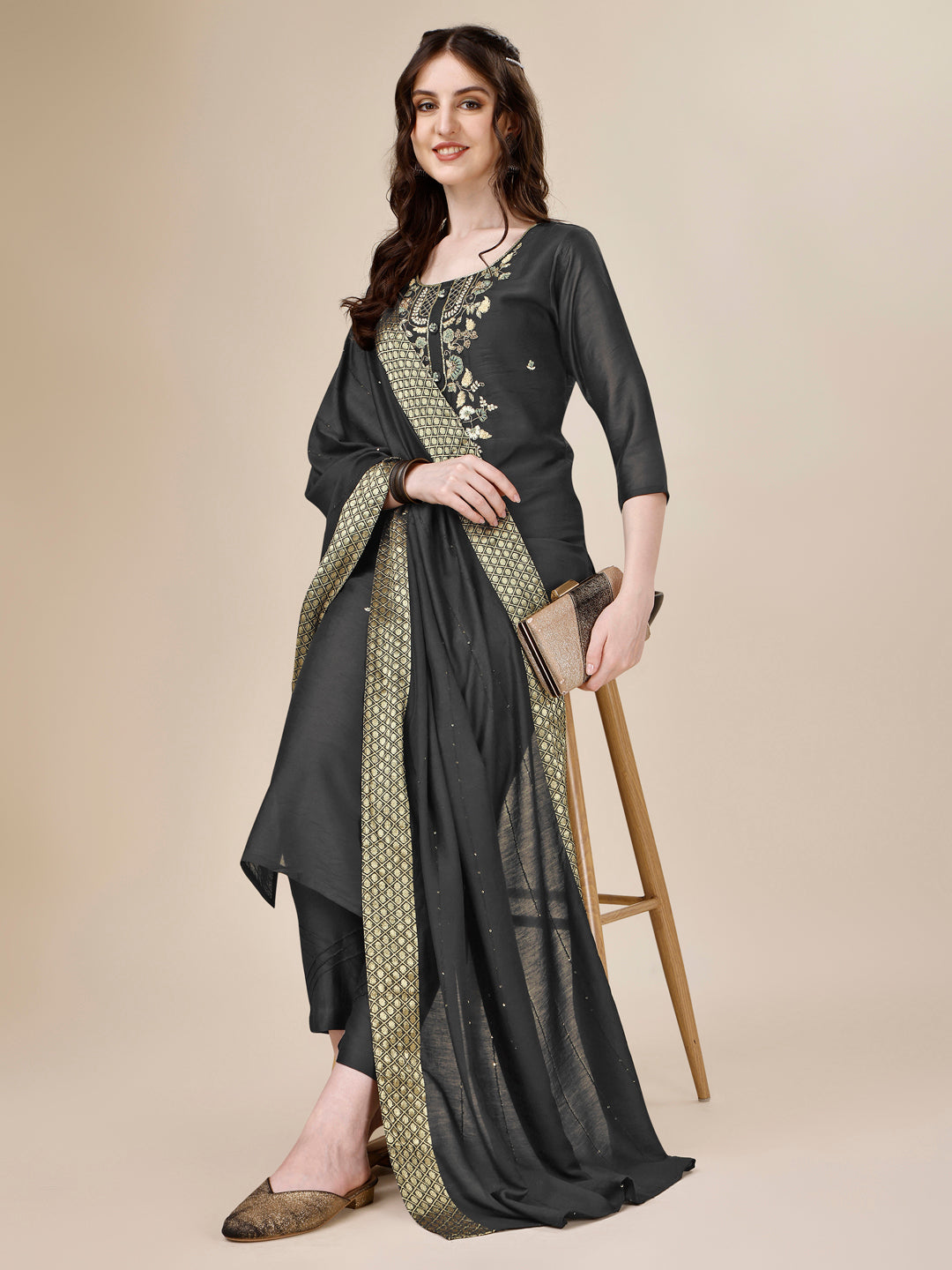 Embroidered Kurta With Pant And Dupatta Set, Multicolor - Hiral Fashion