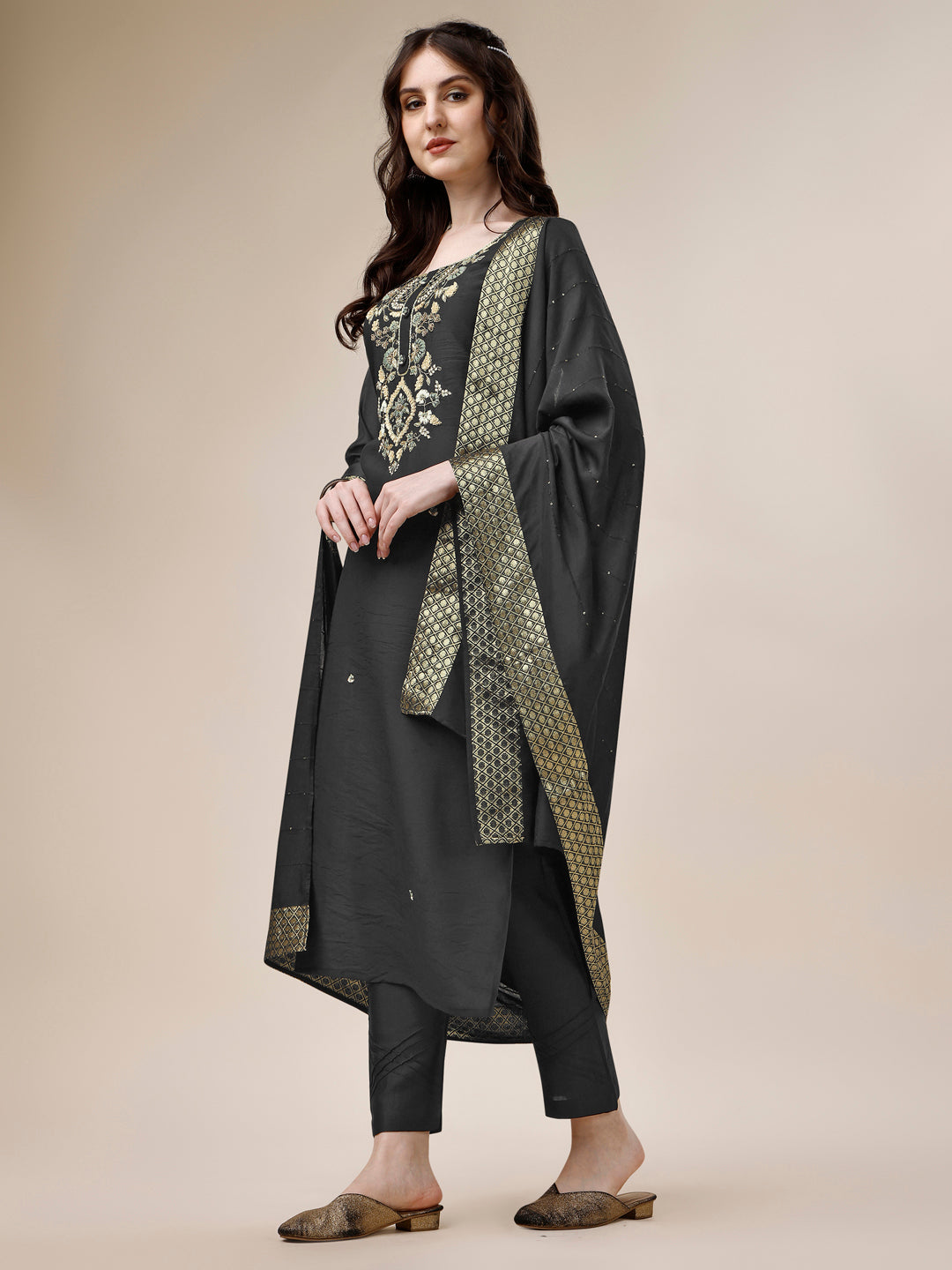 Embroidered Kurta With Pant And Dupatta Set, Multicolor - Hiral Fashion