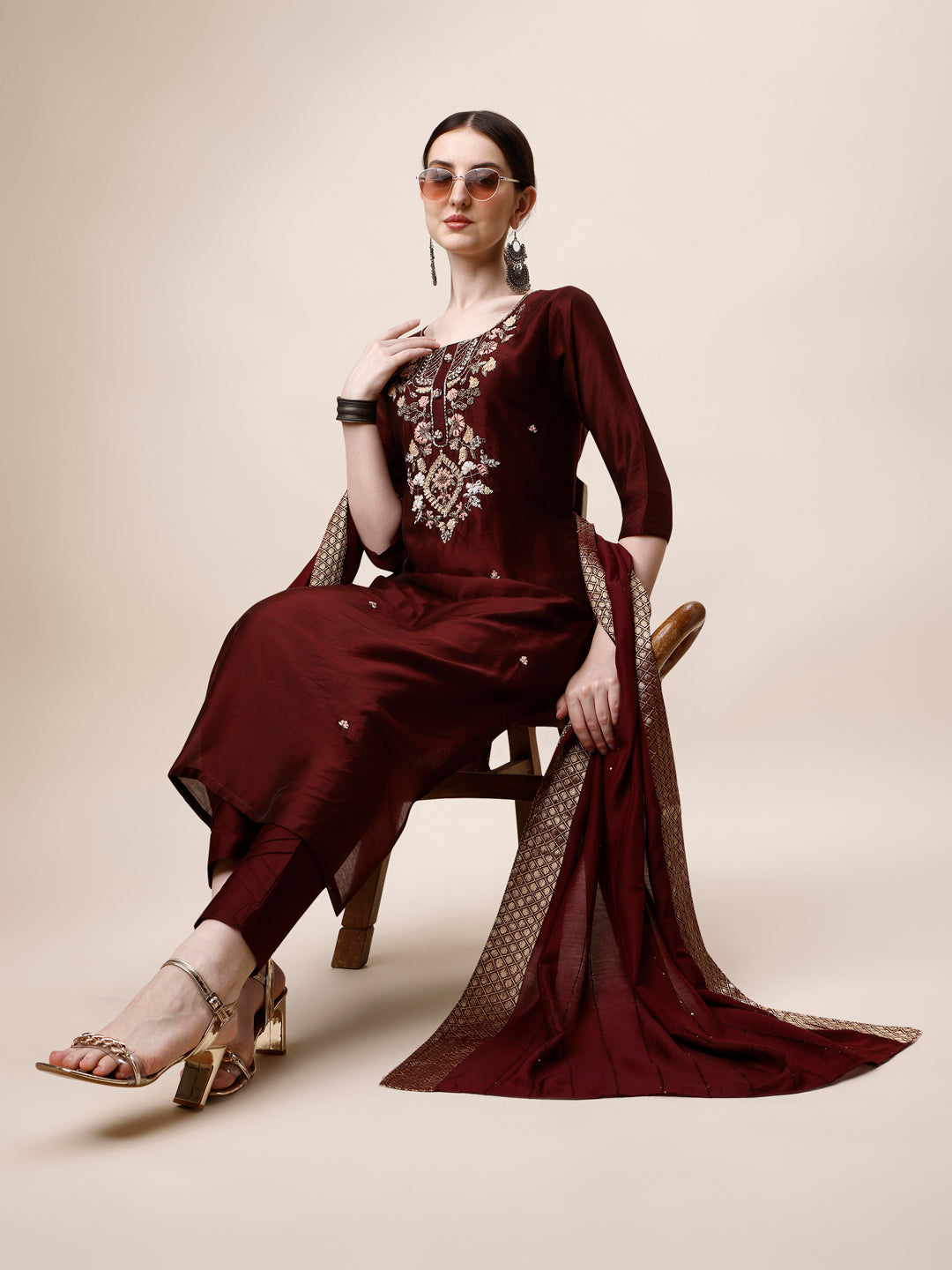 Embroidered Kurta With Pant And Dupatta Set, Multicolor - Hiral Fashion