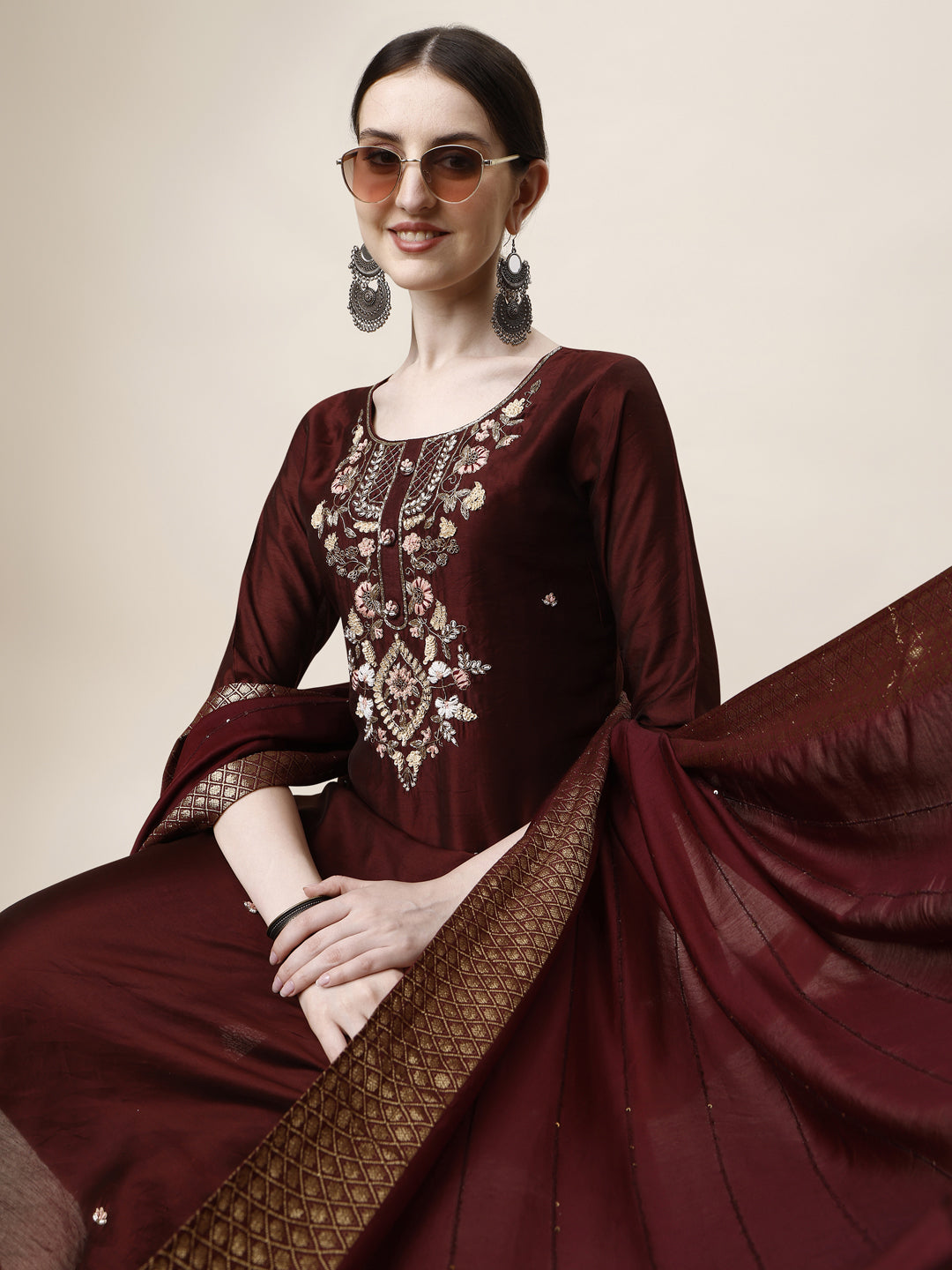 Embroidered Kurta With Pant And Dupatta Set, Multicolor - Hiral Fashion