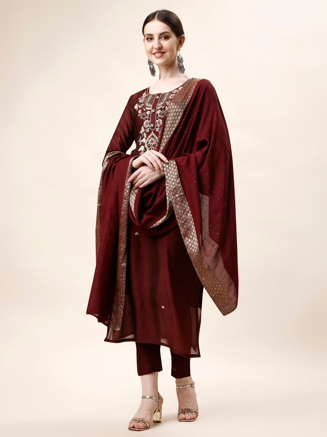 Embroidered Kurta With Pant And Dupatta Set, Multicolor - Hiral Fashion