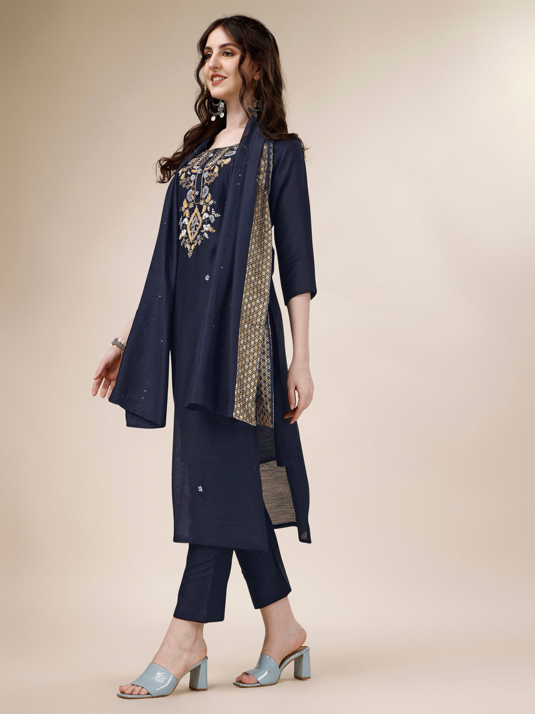 Embroidered Kurta With Pant And Dupatta Set, Multicolor - Hiral Fashion
