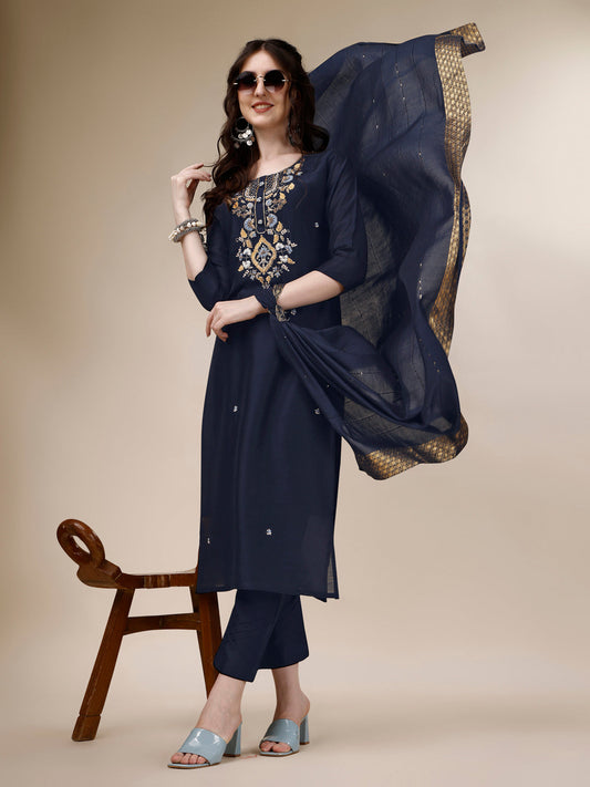 Embroidered Kurta With Pant And Dupatta Set, Multicolor - Hiral Fashion