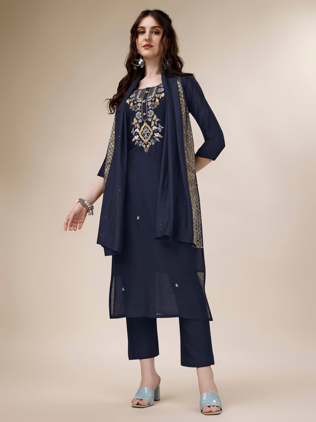 Embroidered Kurta With Pant And Dupatta Set, Multicolor - Hiral Fashion
