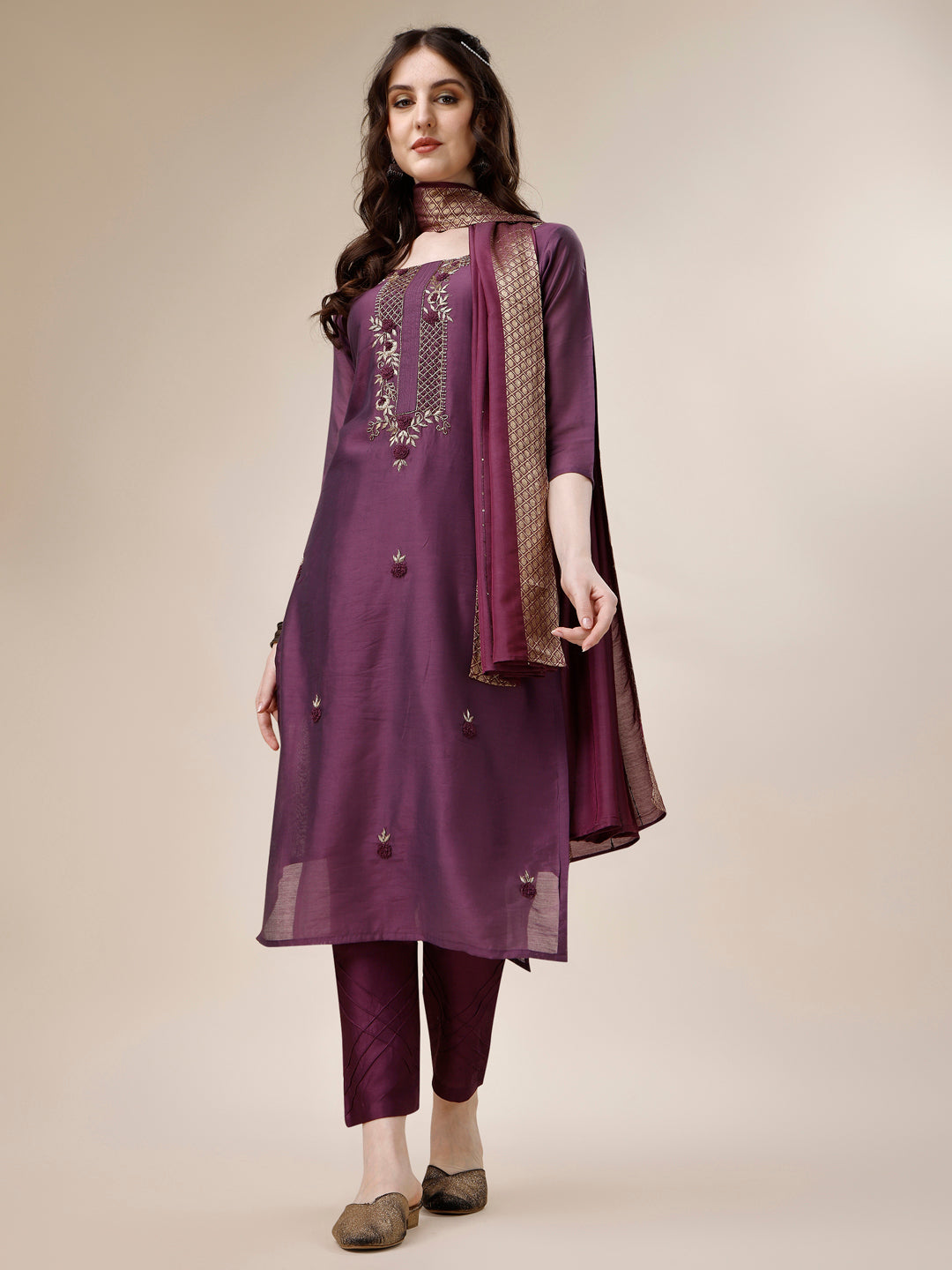 Embroidered Kurta With Pant And Dupatta Set, Multicolor - Hiral Fashion