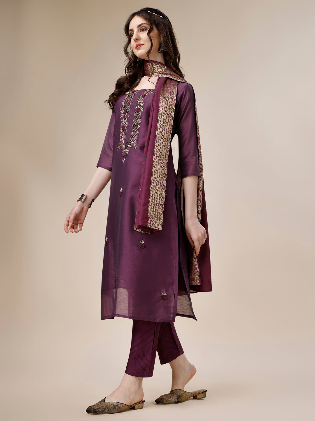 Embroidered Kurta With Pant And Dupatta Set, Multicolor - Hiral Fashion