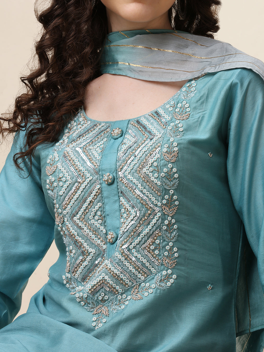 Hand Embroidered Kurta With Pant And Dupatta Set, Multicolor - Hiral Fashion