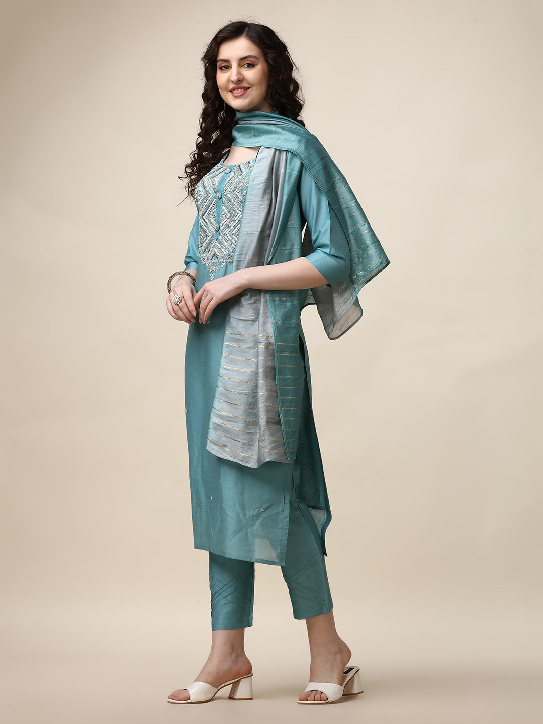Hand Embroidered Kurta With Pant And Dupatta Set, Multicolor - Hiral Fashion