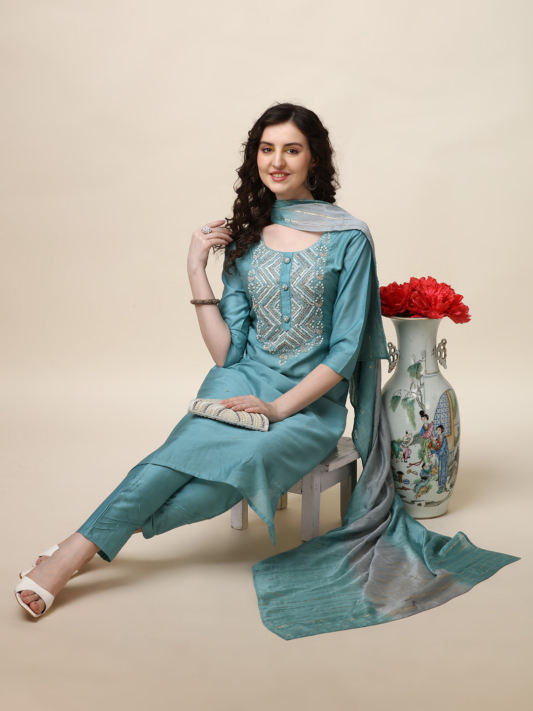 Hand Embroidered Kurta With Pant And Dupatta Set, Multicolor - Hiral Fashion