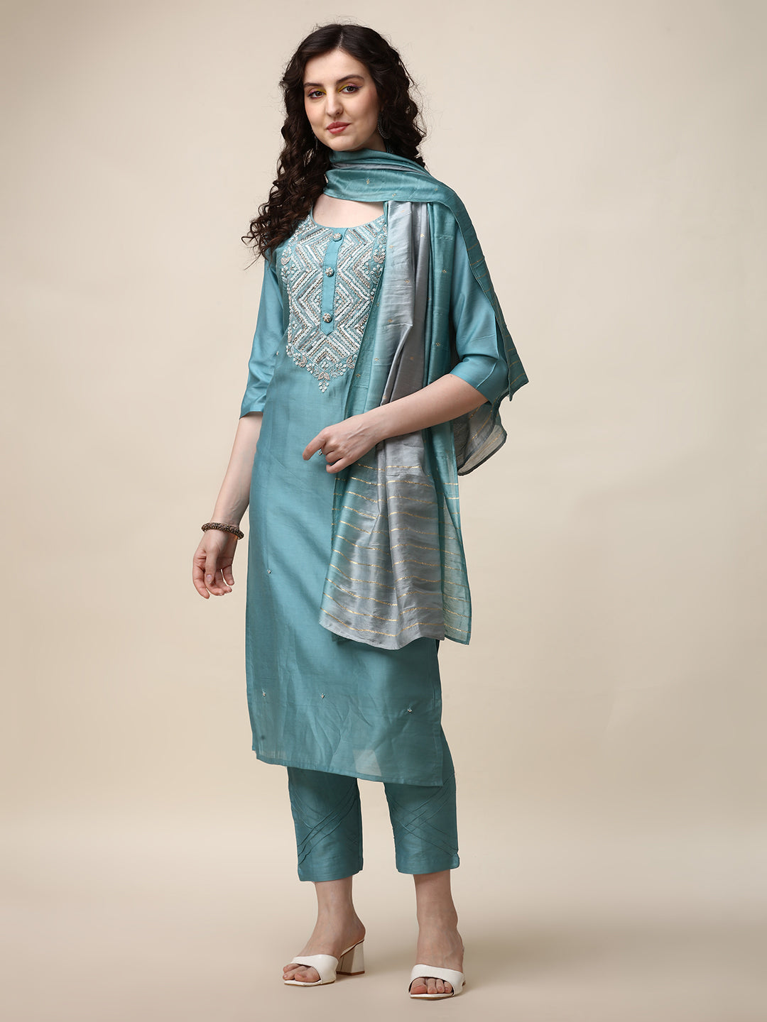 Hand Embroidered Kurta With Pant And Dupatta Set, Multicolor - Hiral Fashion