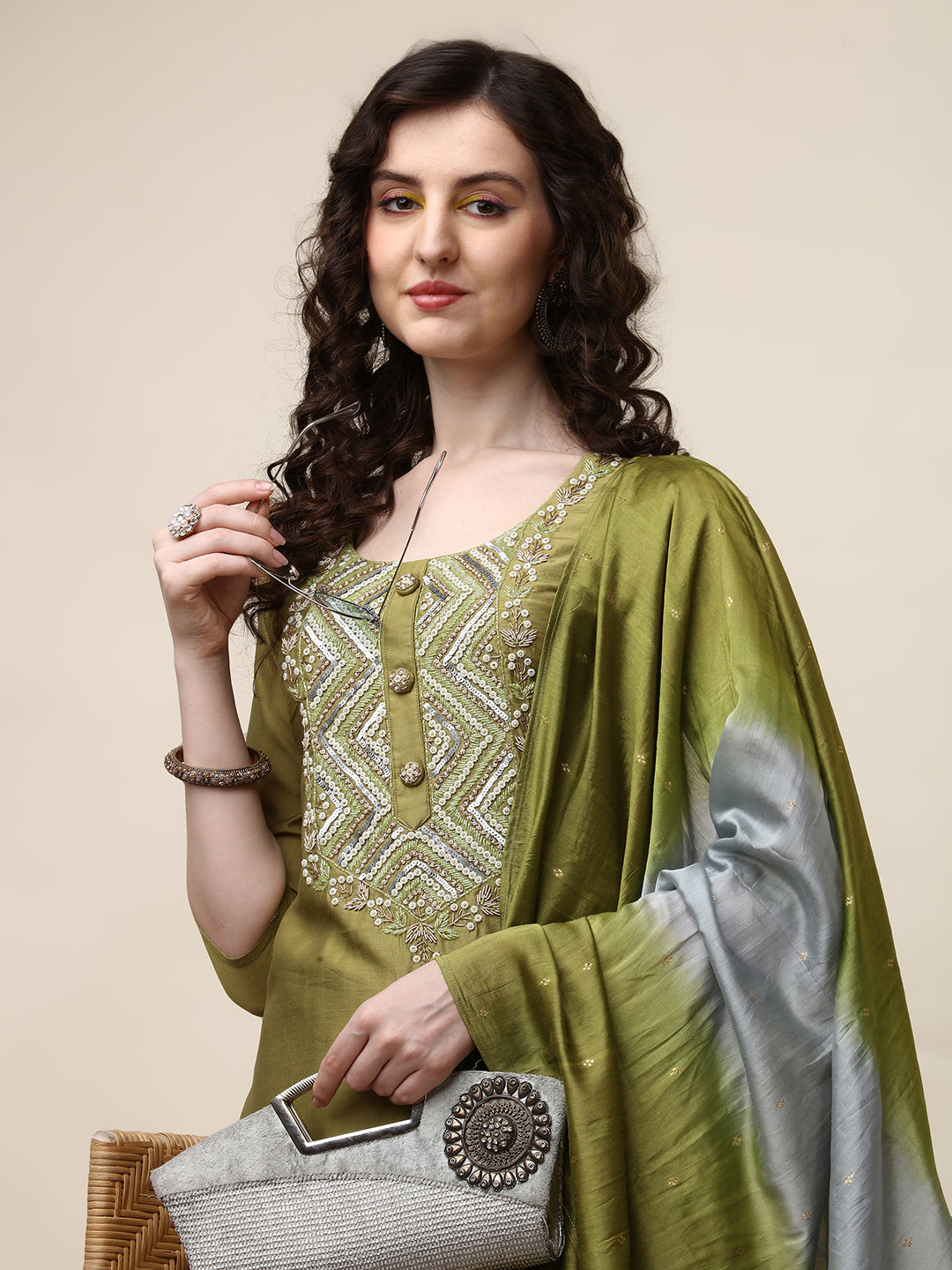 Hand Embroidered Kurta With Pant And Dupatta Set, Multicolor - Hiral Fashion
