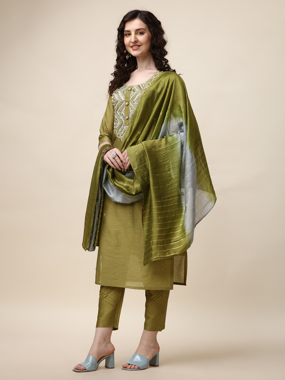 Hand Embroidered Kurta With Pant And Dupatta Set, Multicolor - Hiral Fashion