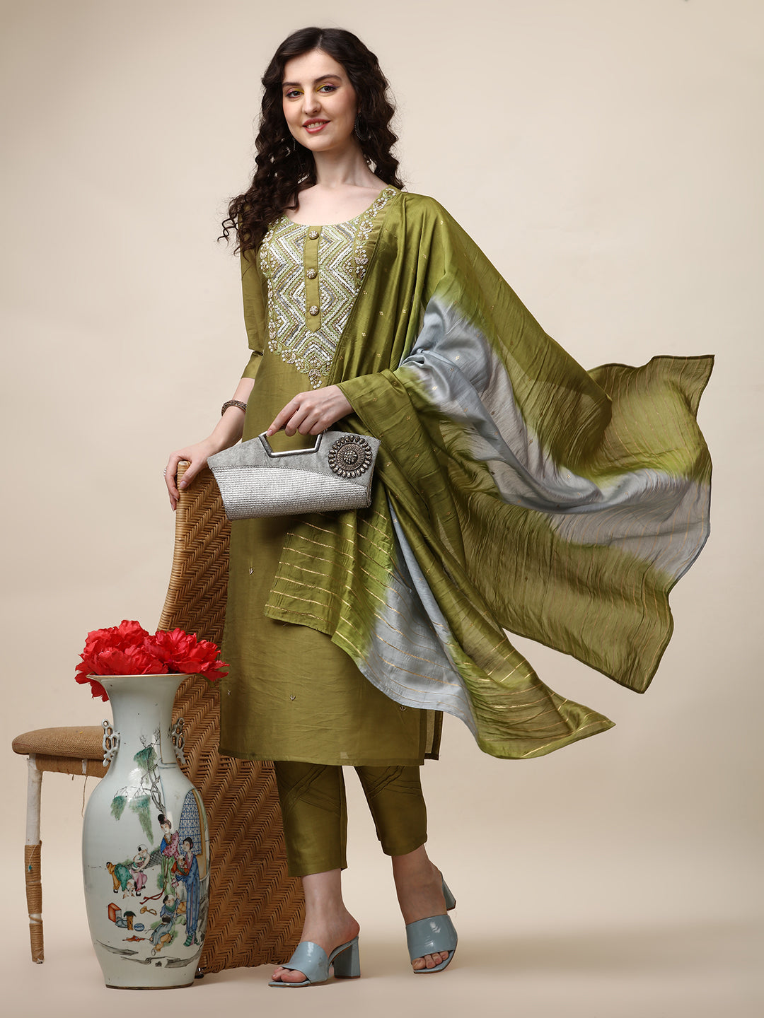 Hand Embroidered Kurta With Pant And Dupatta Set, Multicolor - Hiral Fashion