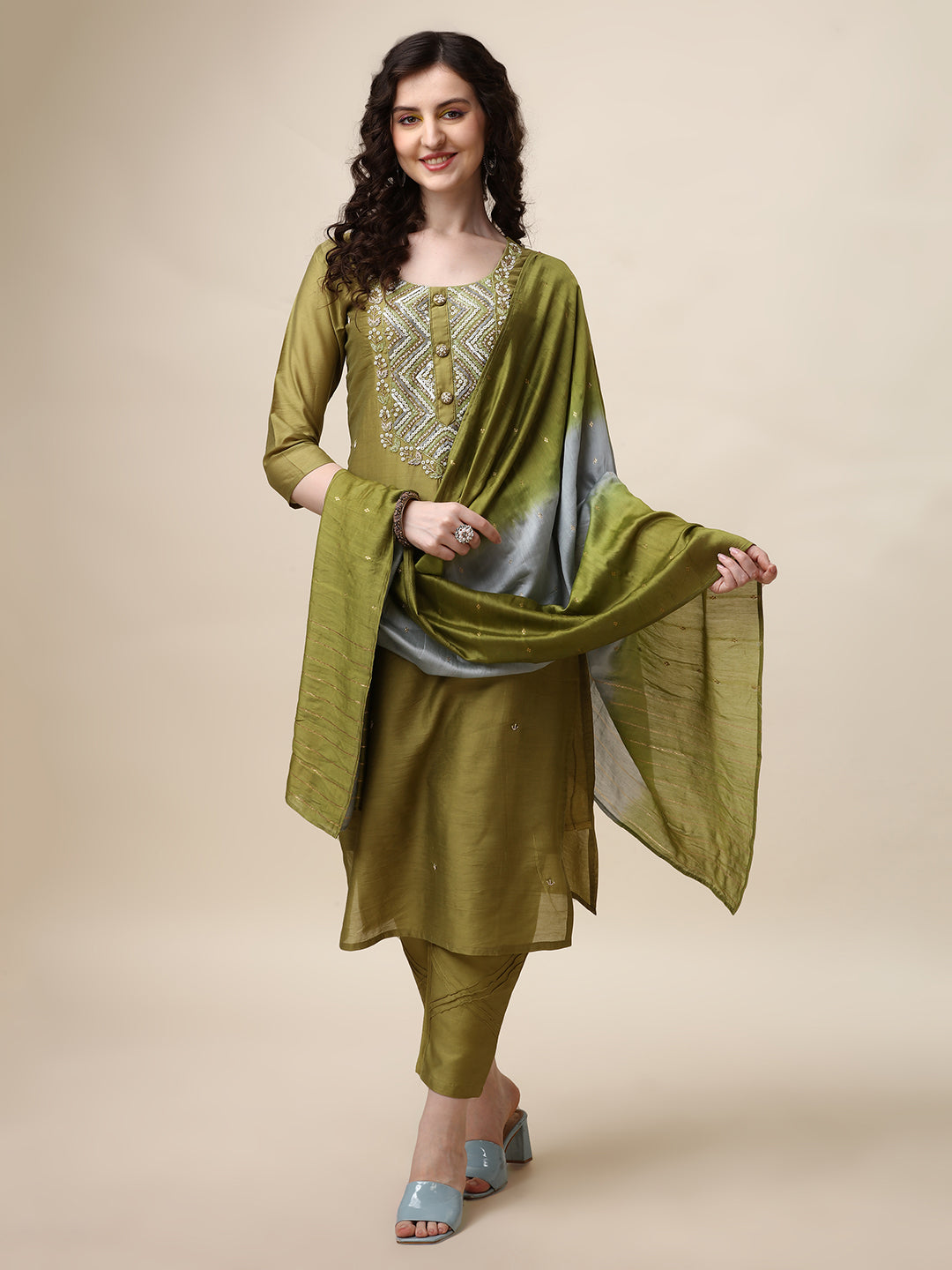 Hand Embroidered Kurta With Pant And Dupatta Set, Multicolor - Hiral Fashion