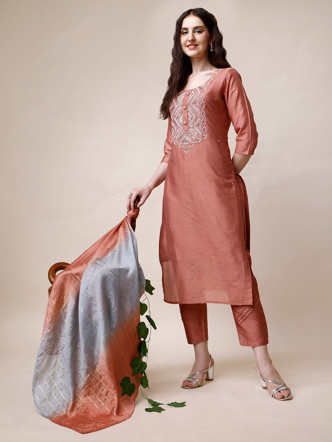 Hand Embroidered Kurta With Pant And Dupatta Set, Multicolor - Hiral Fashion
