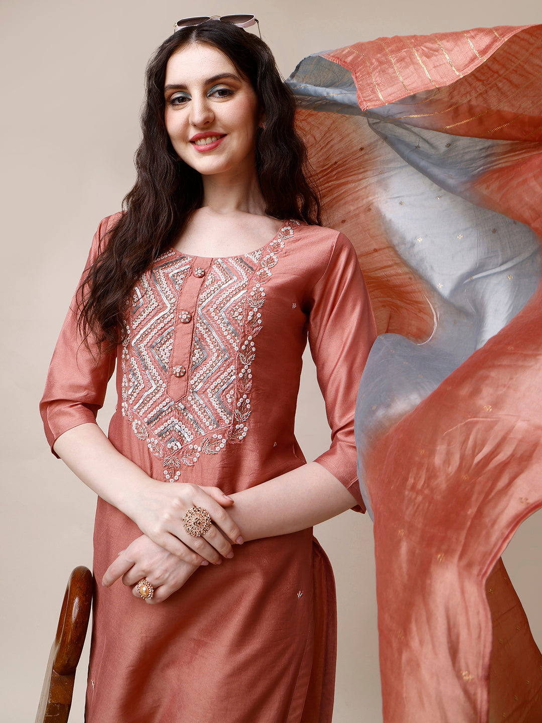Hand Embroidered Kurta With Pant And Dupatta Set, Multicolor - Hiral Fashion