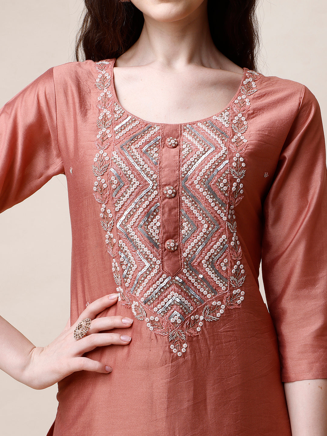 Hand Embroidered Kurta With Pant And Dupatta Set, Multicolor - Hiral Fashion