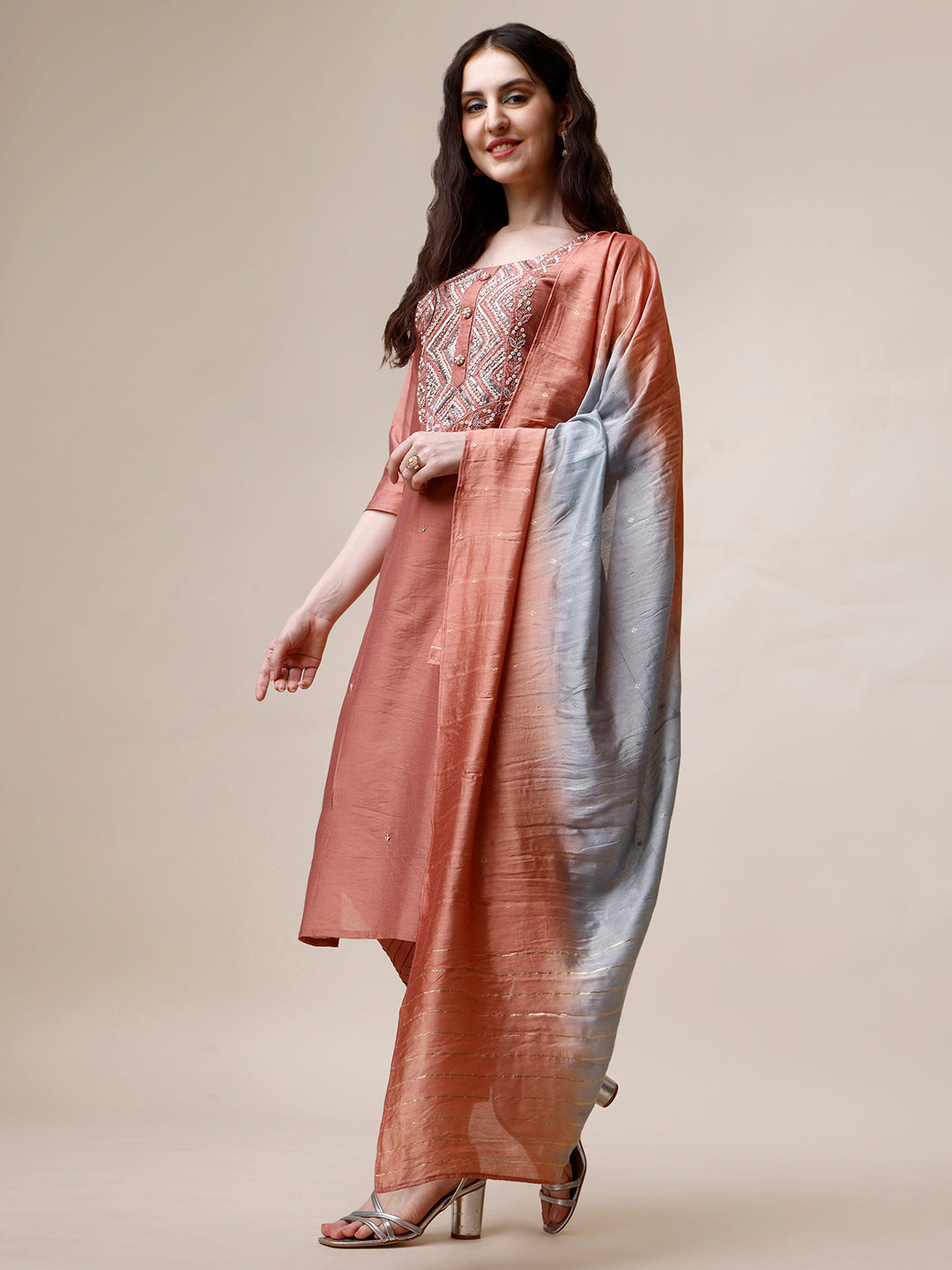 Hand Embroidered Kurta With Pant And Dupatta Set, Multicolor - Hiral Fashion