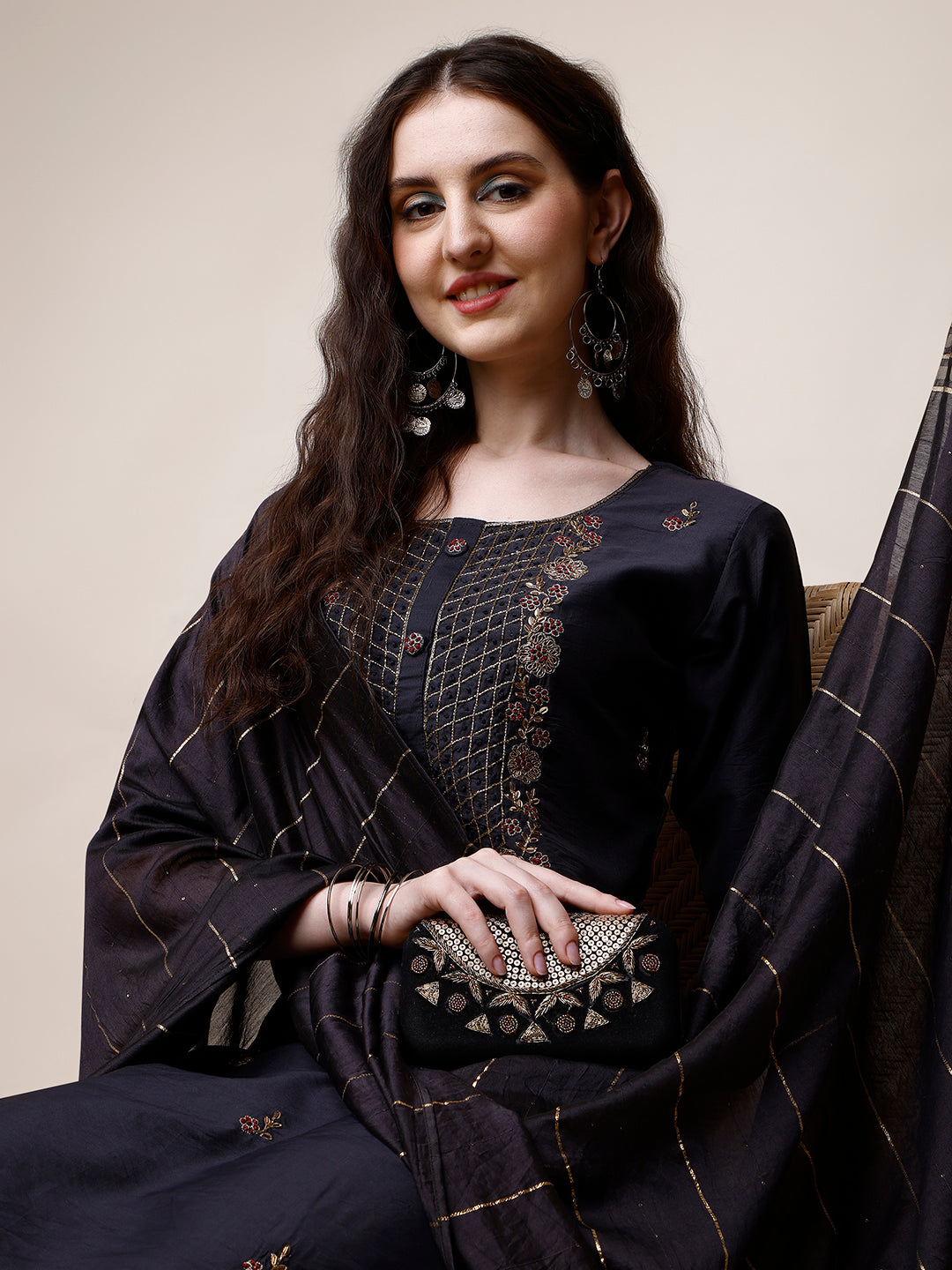 Embroidered Kurta With Pant And Dupatta Set, Multicolor - Hiral Fashion